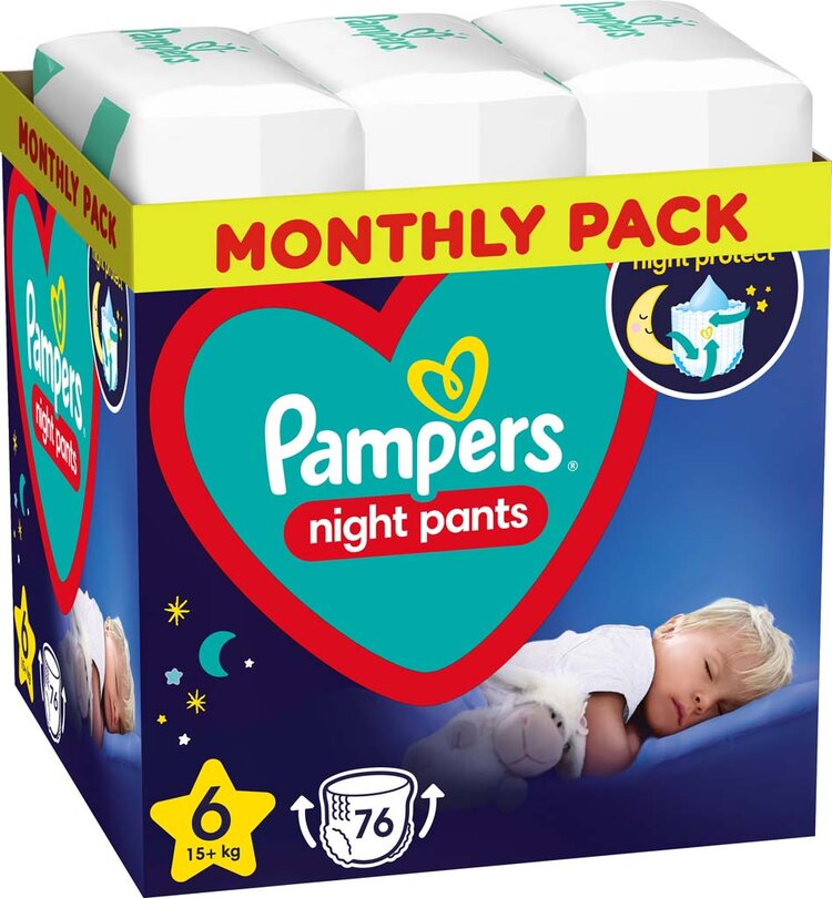 PAMPERS Night Pants Kalhotky plenkové jednorázové 6 (15 kg+) 76 ks - MĚSÍČNÍ ZÁSOBA Pampers