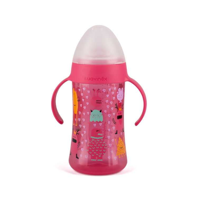 SUAVINEX Druhá lahvička s oušky Booo Nerozlitná savička 270 ml (+4m) - růžová Suavinex