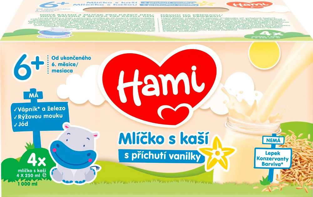 3x HAMI Mlíčko s kaší s příchutí vanilky 4x250 ml Hami