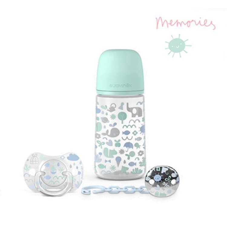 SUAVINEX Sada 270 ml + dudlík fyziologický 0/6m + klip Memories - modrý Suavinex