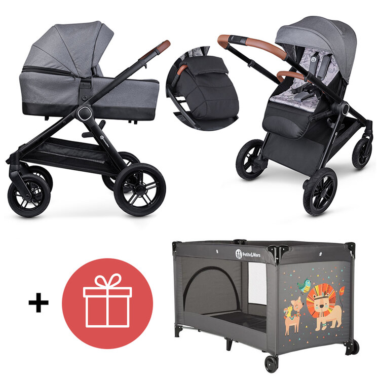PETITE&MARS Kočárek 2v1 Trails Ultimate Grey + PETITE&MARS Postýlka Koot - Lion Grey ZDARMA Petite&Mars