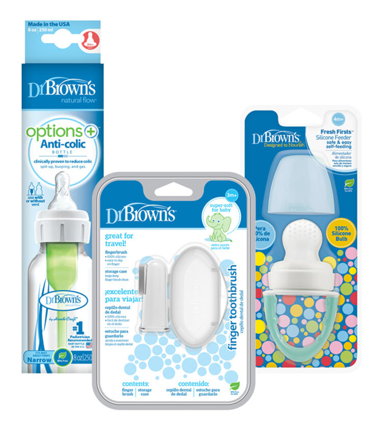 DR.BROWN'S Set láhev plast 250 ml + Savička FreshFirst tyrkys + Prstový zubní kartáček Dr.Brown´s