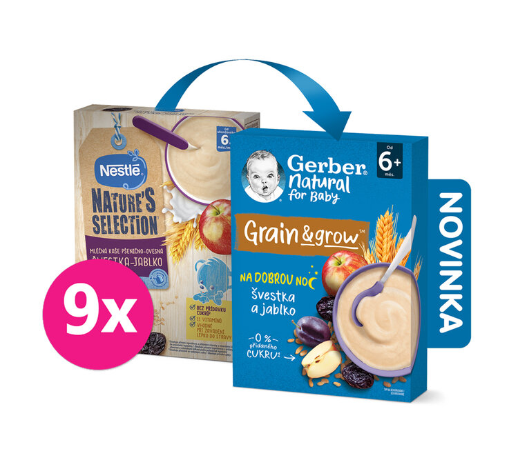 GERBER Natural mléčná kaše pšenično-ovesná jablko a švestka 9 x 220 g GERBER