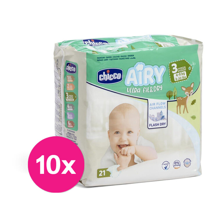 CHICCO Airy Pleny jednorázové 3 Midi (4-9 kg) 210 ks - Měsíční zásoba Chicco