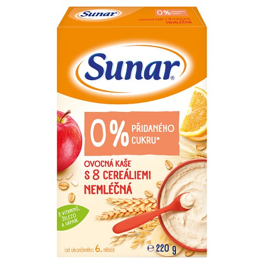 6x SUNAR Nemléčná kaše ovocná s 8 cereáliemi 220 g Sunar