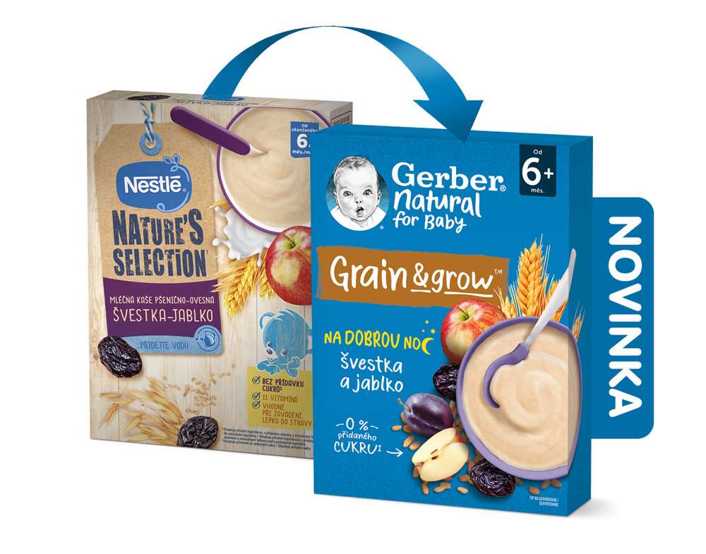 GERBER Natural mléčná kaše pšenično-ovesná jablko a švestka 6 x 220 g GERBER