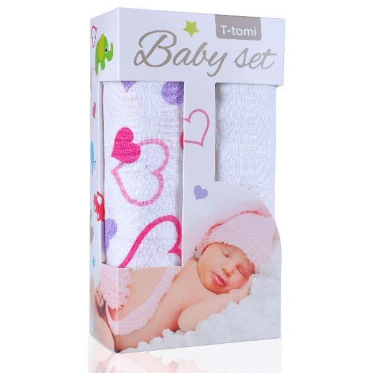 T-TOMI Baby set - bambusová osuška srdíčka + bambusová osuška bílá T-Tomi