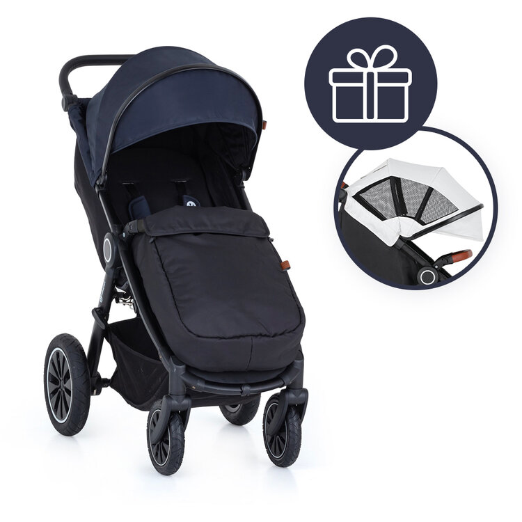 PETITE&MARS Kočárek Street+ Air Black Anthracite Blue Complete + stříška letní Street+ Summer Silver Petite&Mars