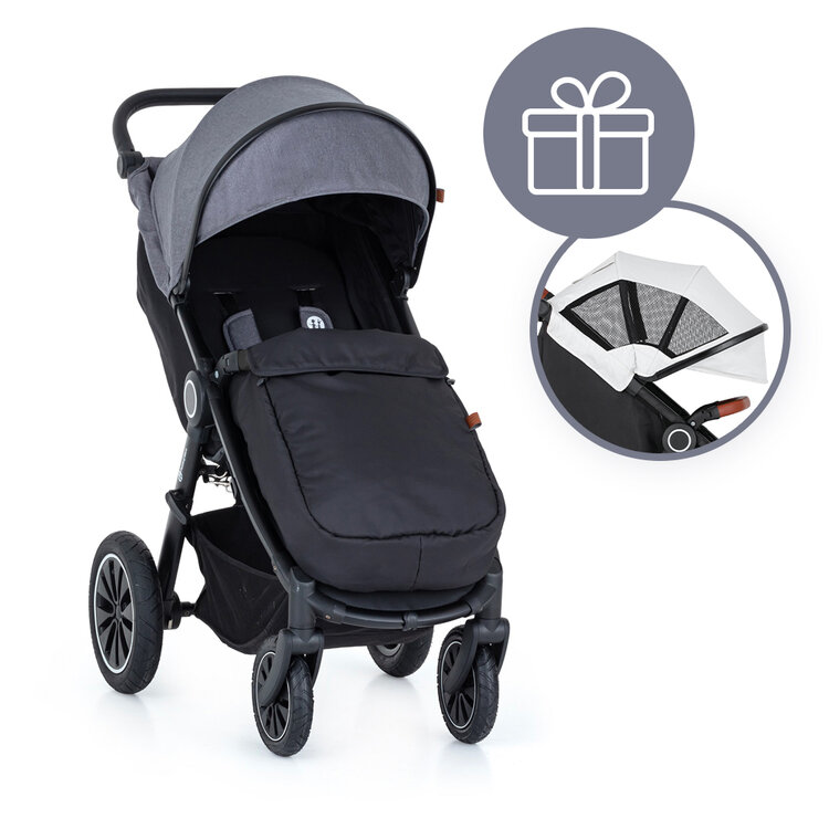 PETITE&MARS Kočárek Street+ Air Black Ultimate Grey Complete + stříška letní Street+ Summer Silver Petite&Mars