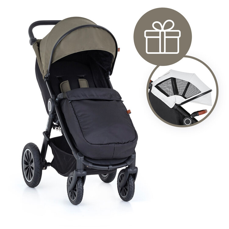 PETITE&MARS Kočárek Street+ Air Black Mature Olive Complete + stříška letní Street+ Summer Silver Petite&Mars