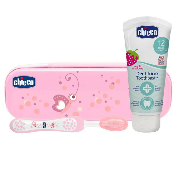 CHICCO Set zubní kartáček s pouzdrem+pasta Always Smiling růžový 12m+ Chicco