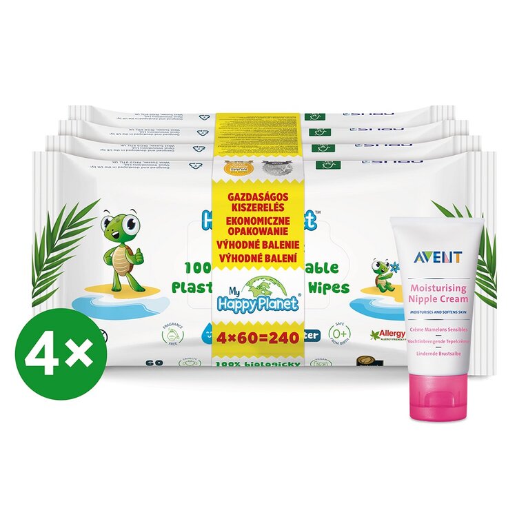 4x MY HAPPY PLANET 100% BIO odbouratelné vlhčené ubrousky 60 ks+Philips AVENT Krém na bradavky 30 ml Philips Avent