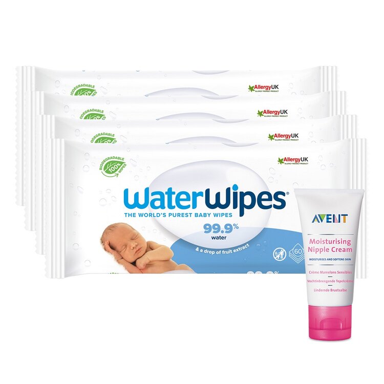 4x WATERWIPES 100% BIO odbouratené vlhčené ubrousky 60 ks+Philips AVENT Krém na bradavky 30 ml Philips Avent