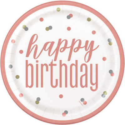 Talíře Happy Birthday rose gold s puntíky 8 ks ALBI ALBI