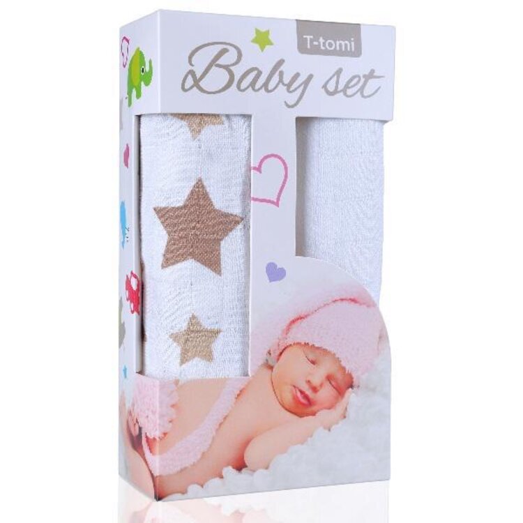 T-TOMI Baby set - bambusová osuška BIO béžové hvězdičky + osuška bambusová T-Tomi