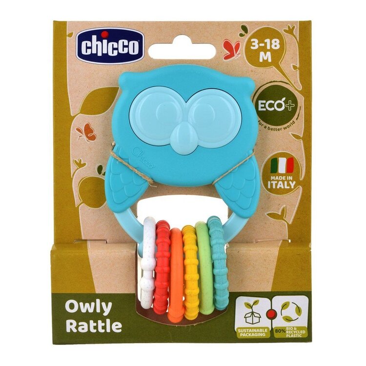 CHICCO Kousátko s chrastítkem se senzorickými kroužky Eco+ Sova Owly 3m+ Chicco