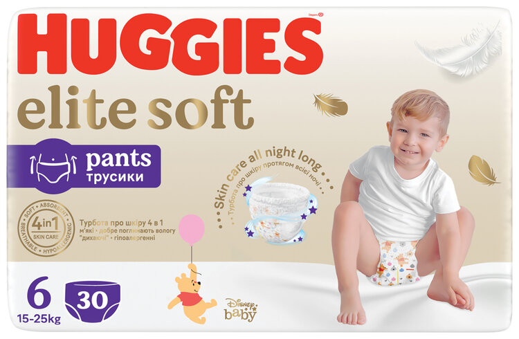 HUGGIES® Kalhotky plenkové jednorázové Elite Soft Pants 6 (15-25 kg)