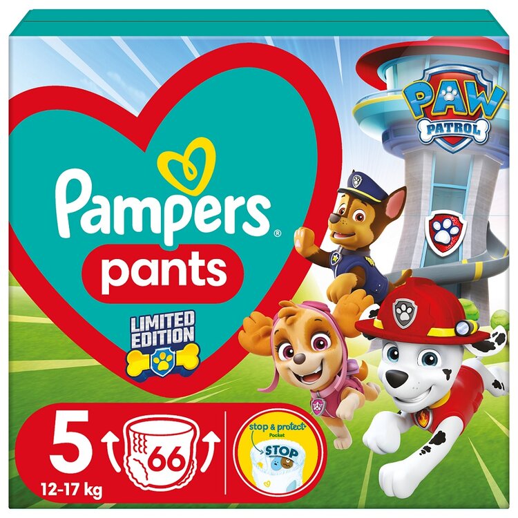 PAMPERS Pleny kalhotkové Active Baby Pants Paw Patrol vel. 5 (66 ks) 12-17 kg Pampers