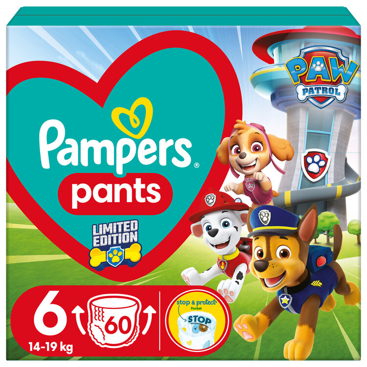 PAMPERS Pleny kalhotkové Active Baby Pants Paw Patrol vel. 6 (60 ks) 14-19 kg Pampers