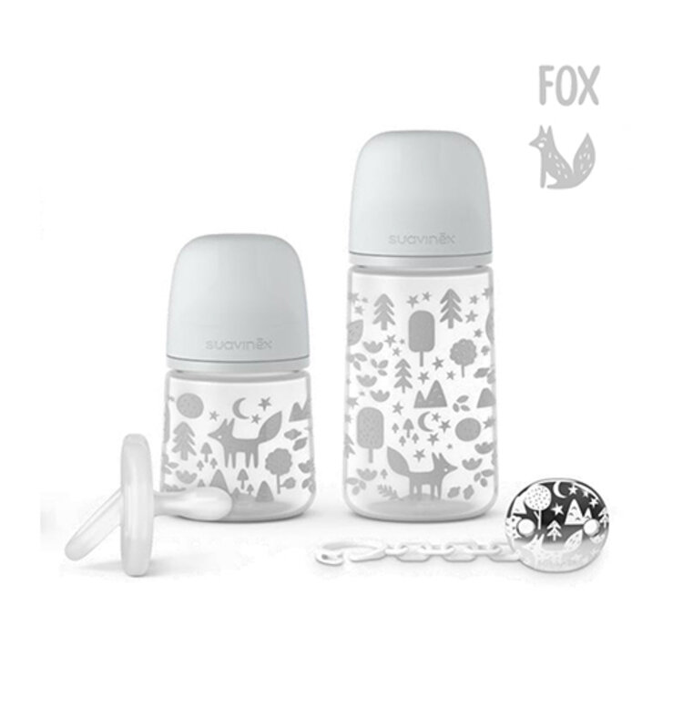 SUAVINEX Sada 270 ml + 150 ml + dudlík celosilikonový 0/6m+ klip Fox Suavinex