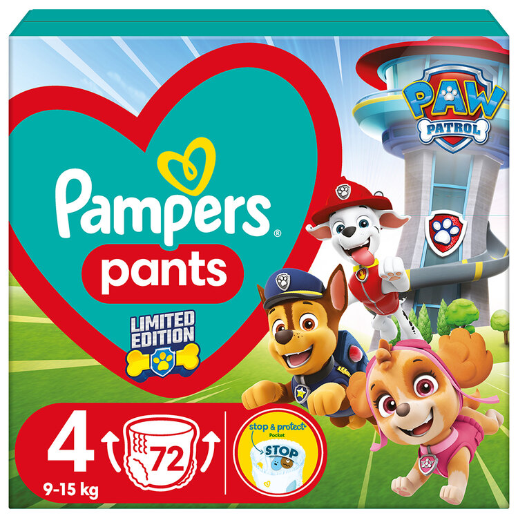 PAMPERS Pleny kalhotkové Active Baby Pants Paw Patrol vel. 4 (72 ks) 9-15 kg Pampers
