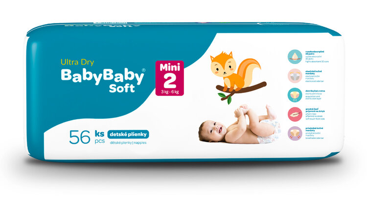 BABYBABY SOFT Pleny jednorázové Ultra-Dry Mini (3-6 kg) 56 ks BABYBABY SOFT