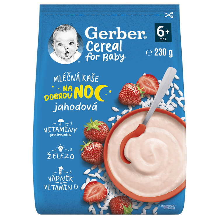 GERBER Kaše mléčná cereal jahodová Dobrou noc 230 g GERBER