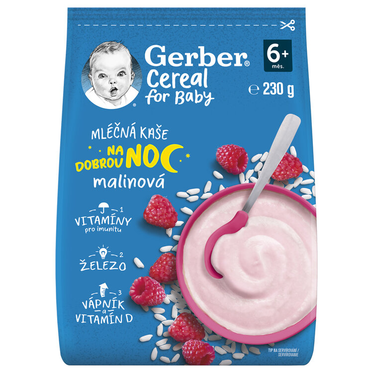 GERBER Kaše mléčná cereal malinová Dobrou noc 230 g GERBER