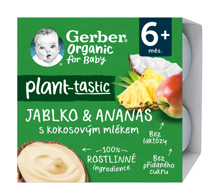 GERBER Organic 100% Dezert rostlinný jablko a ananas s kokosovým mlékem (4x 90 g)​ GERBER