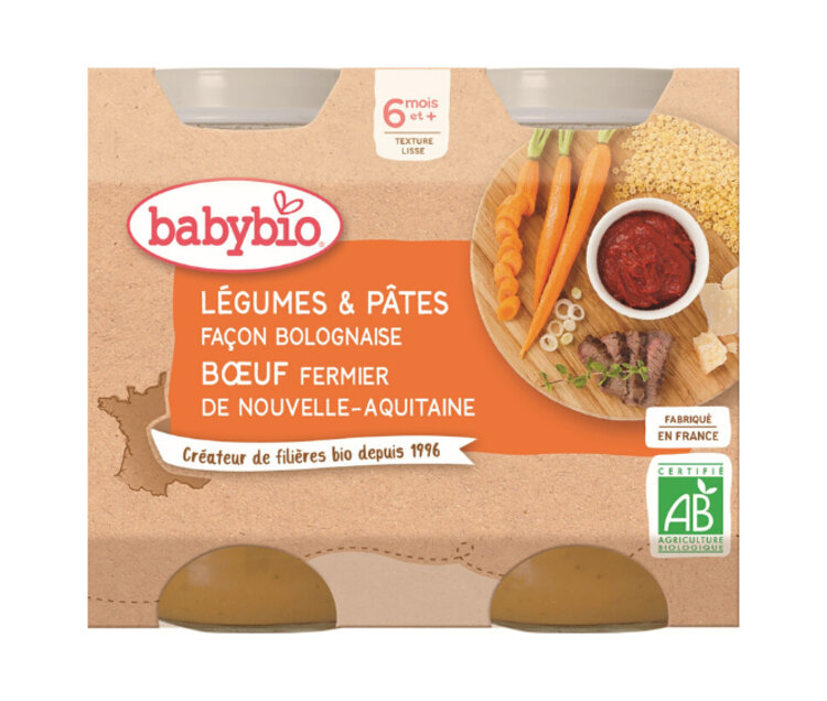BABYBIO Příkrm zelenina s těstovinami na boloňský způsob s hovězím masem 2x 200 g Babybio