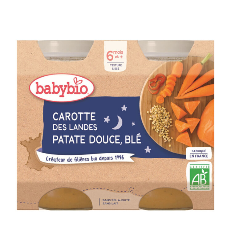 2xBABYBIO Večerní menu mrkev se sladkými brambory a pšenicí 200 g Babybio