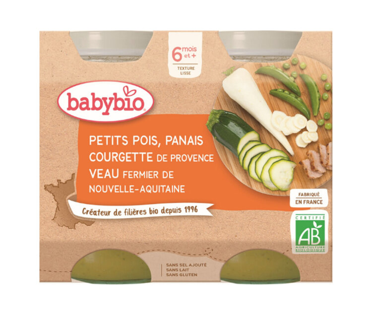 BABYBIO Menu hrášek a pastinák s cuketou a telecím masem 2x 200 g Babybio