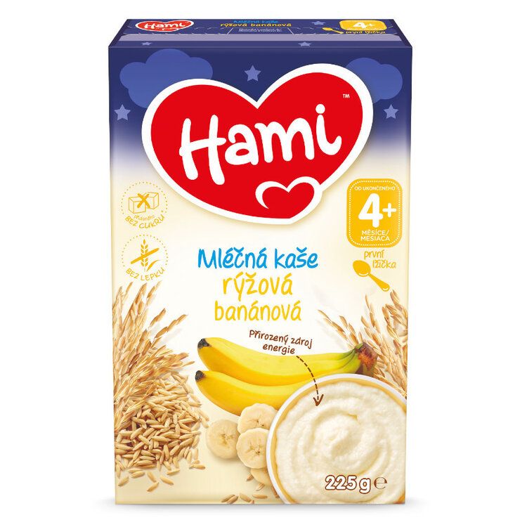 EXP: 8.9.2023 HAMI Mléčná kaše rýžová banánová na dobrou noc 225 g Hami