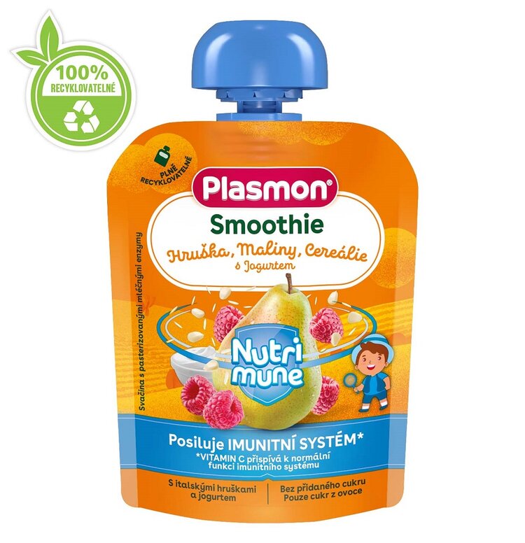 EXP: 23.09.2023 PLASMON Kapsička Smoothie NUTRI-MUNE ovoce-jogurt hruška a malina s cereáliemi 85g Plasmon