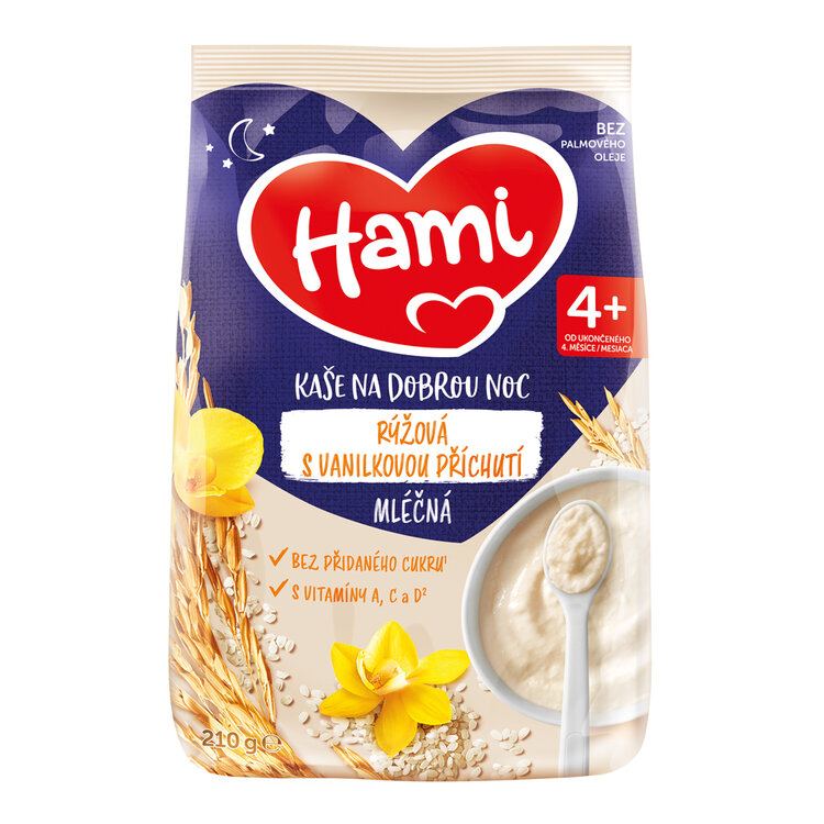 HAMI Kaše mléčná rýžová s vanilkovou příchutí na dobrou noc 210 g Hami