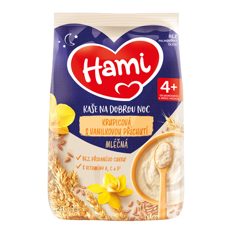 HAMI Kaše mléčná krupicová s vanilkovou příchutí na dobrou noc 210 g Hami
