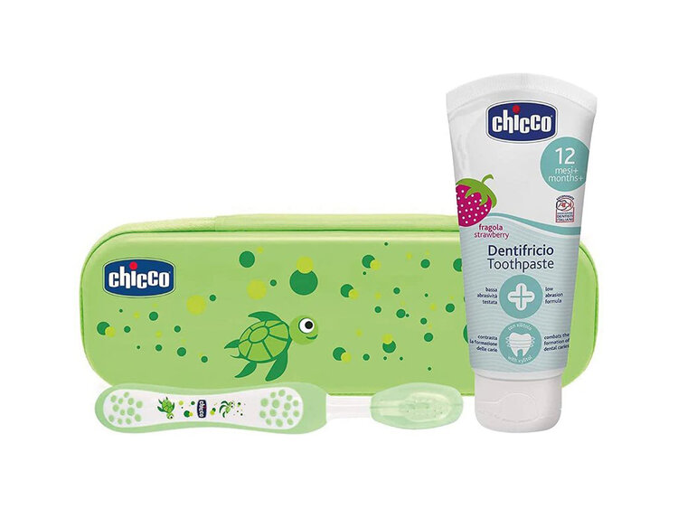 CHICCO Set zubní kartáček a pasta s fluorem v pouzdře Always Smiling zelená 12m+ Chicco