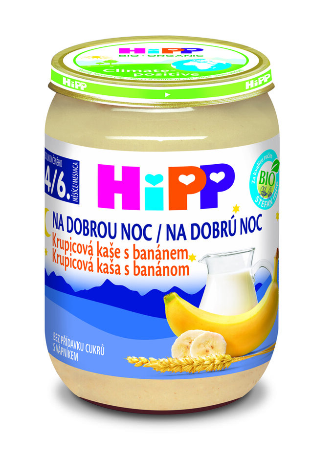 HiPP Kaše mléčná Bio na dobrou noc krupicová s banánem 190 g HiPP