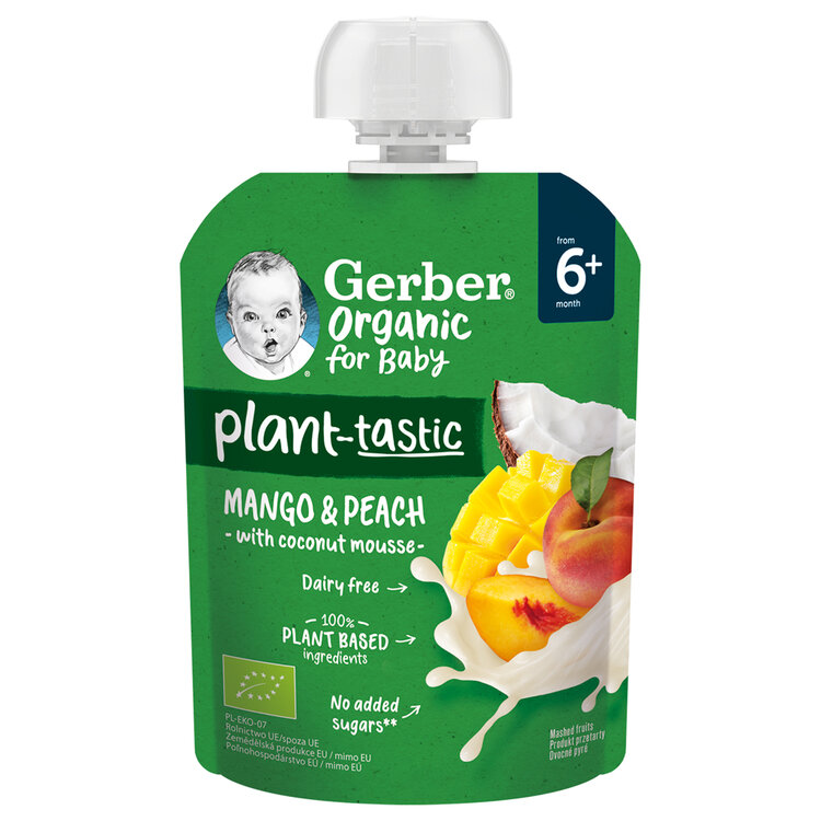 GERBER Kapsička organic ovocná mango a broskev s kokosovým mlékem 80 g