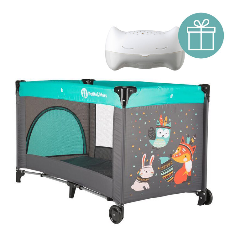 PETITE&MARS Postýlka cestovní Koot - Fox Aqua + Přenosný projektor 3v1 Hooty 0m+ Petite&Mars