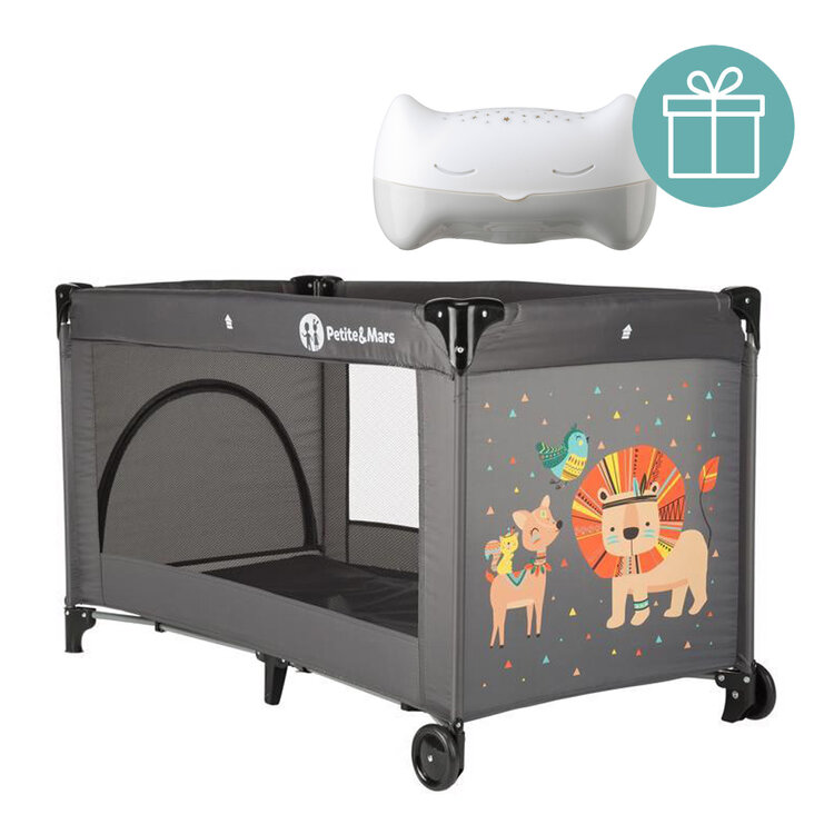 PETITE&MARS Postýlka cestovní Koot - Lion Grey + Přenosný projektor 3v1 Hooty 0m+ Petite&Mars