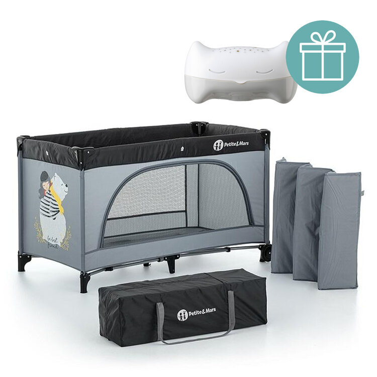 PETITE&MARS Postýlka cestovní Nyja Teddy Friend Coal + Přenosný projektor 3v1 Hooty 0m+ Petite&Mars