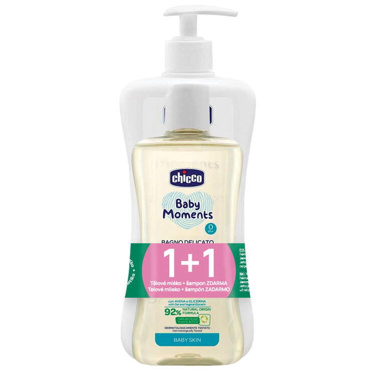 CHICCO Mléko tělové s dávkovačem Baby Moments 500 ml + Šampon Baby Moments 200 ml zdarma Chicco