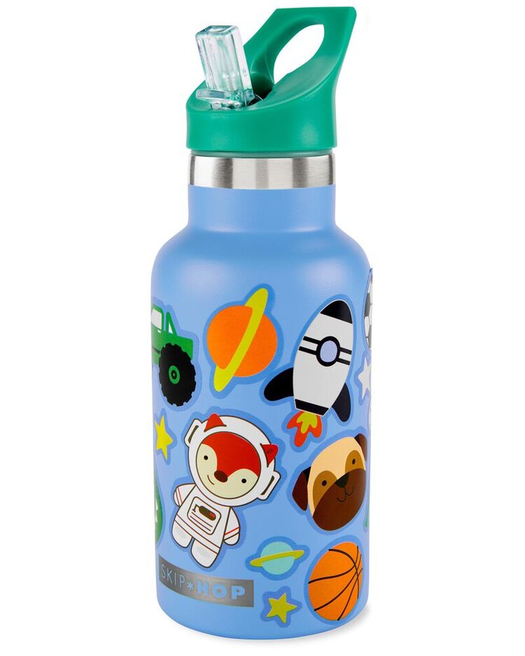 SKIP HOP Láhev se slámkou nerezová s nálepkami canteen modrá 380 ml