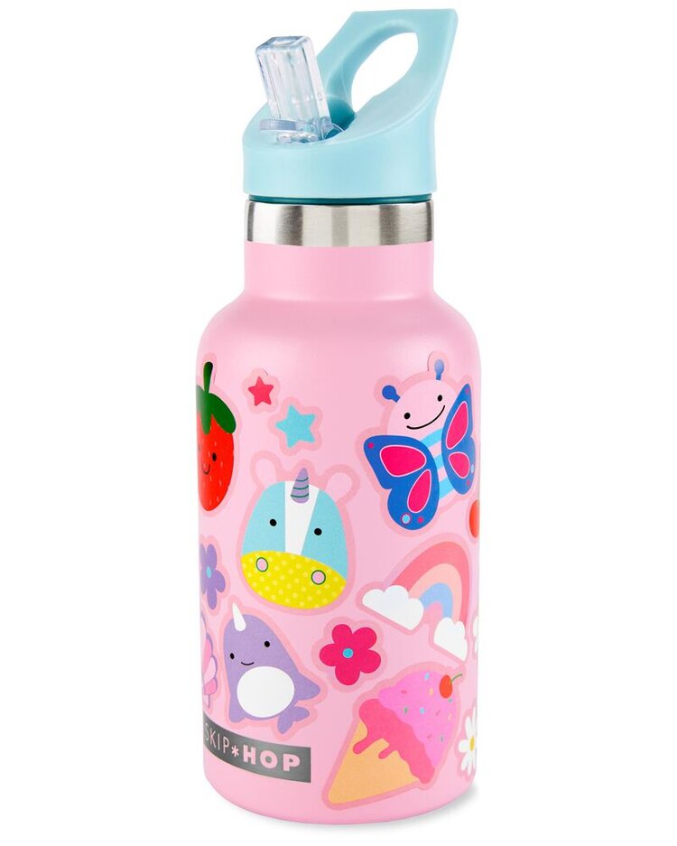 SKIP HOP Láhev se slámkou nerezová s nálepkami canteen růžová 380 ml