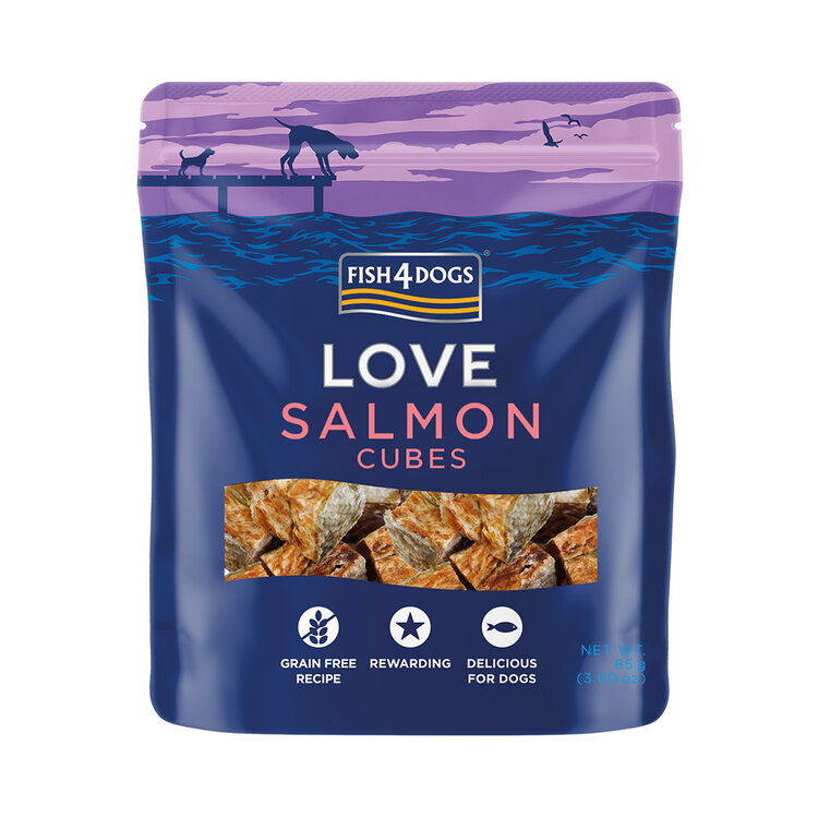 FISH4DOGS Pamlsky pro psy LOVE s lososem - kostky 85 g FISH4DOGS