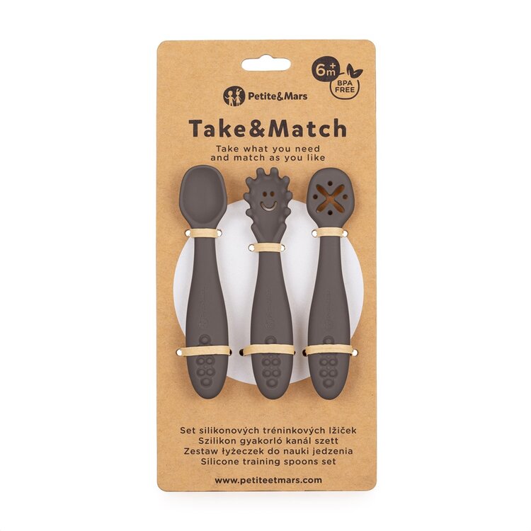 PETITE&MARS Set 3 ks silikonových tréninkových lžiček Take&Match Bitter Cocoa 6m+ Petite&Mars