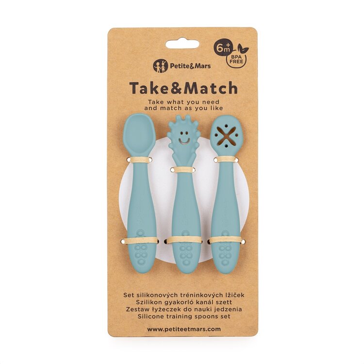 PETITE&MARS Set 3 ks silikonových tréninkových lžiček Take&Match Frosted Sky 6m+ Petite&Mars