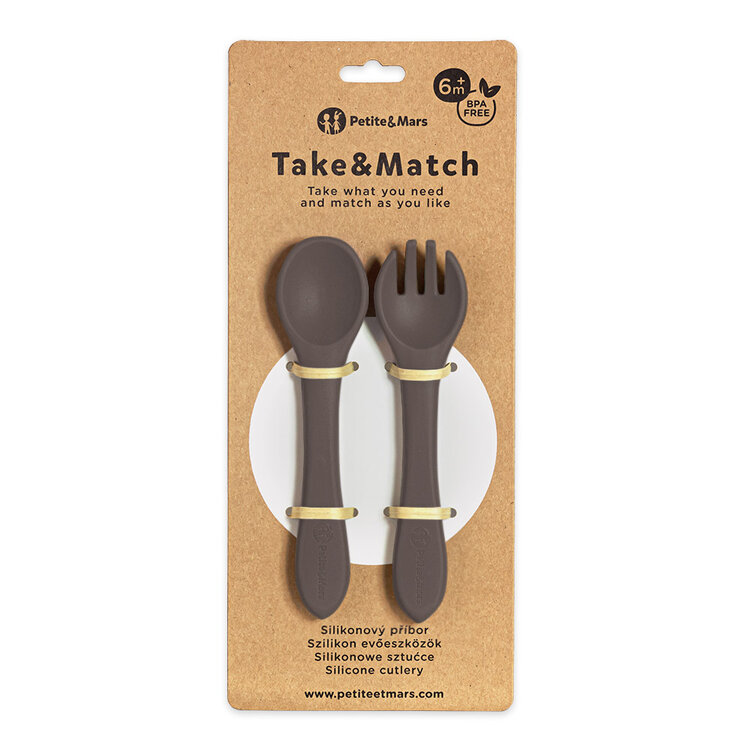 PETITE&MARS Příbor silikonový Take&Match Bitter Cocoa 6m+ Petite&Mars