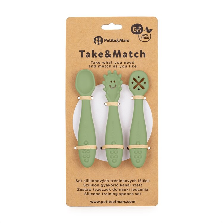 PETITE&MARS Set 3 ks silikonových tréninkových lžiček Take&Match Sweet Pea  6m+ Petite&Mars